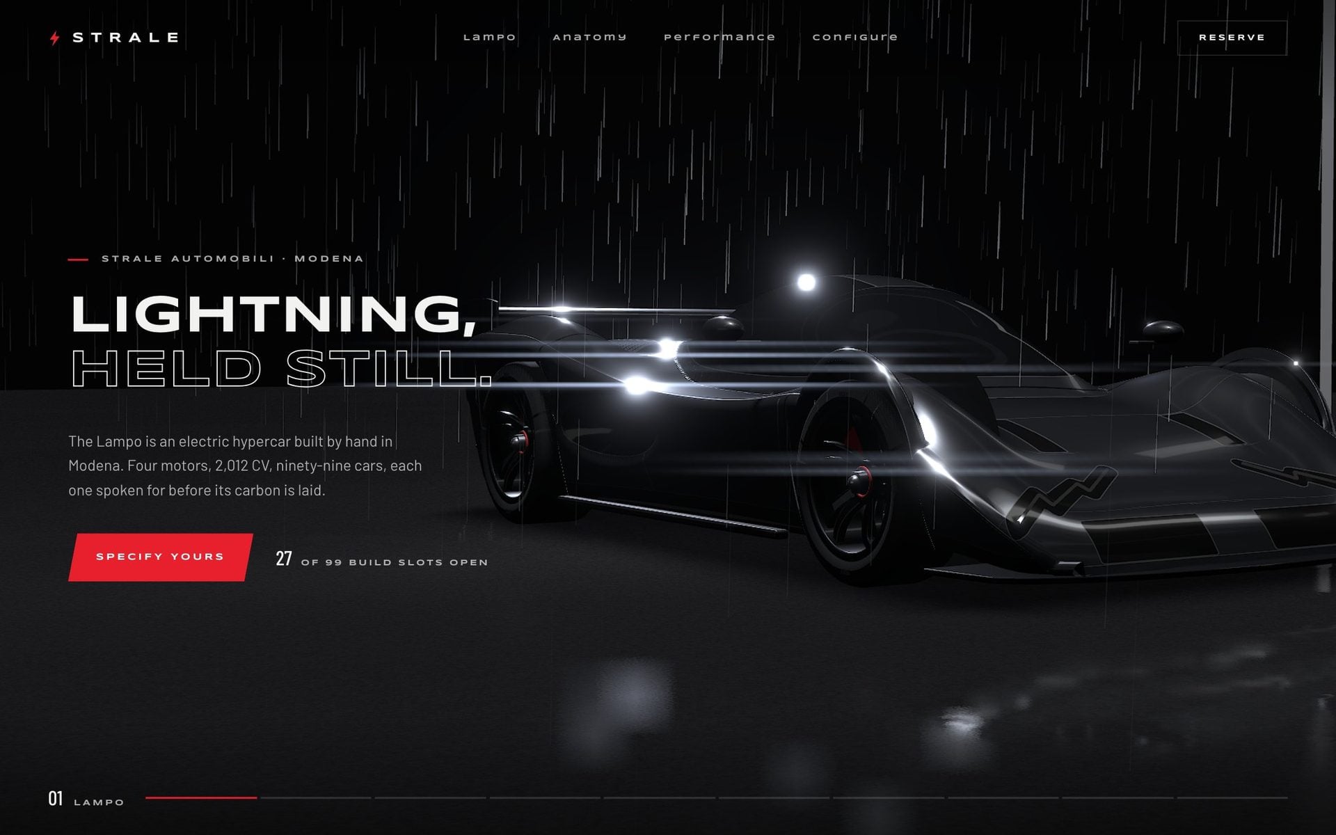 STRALE: An electric hypercar on a wet floor